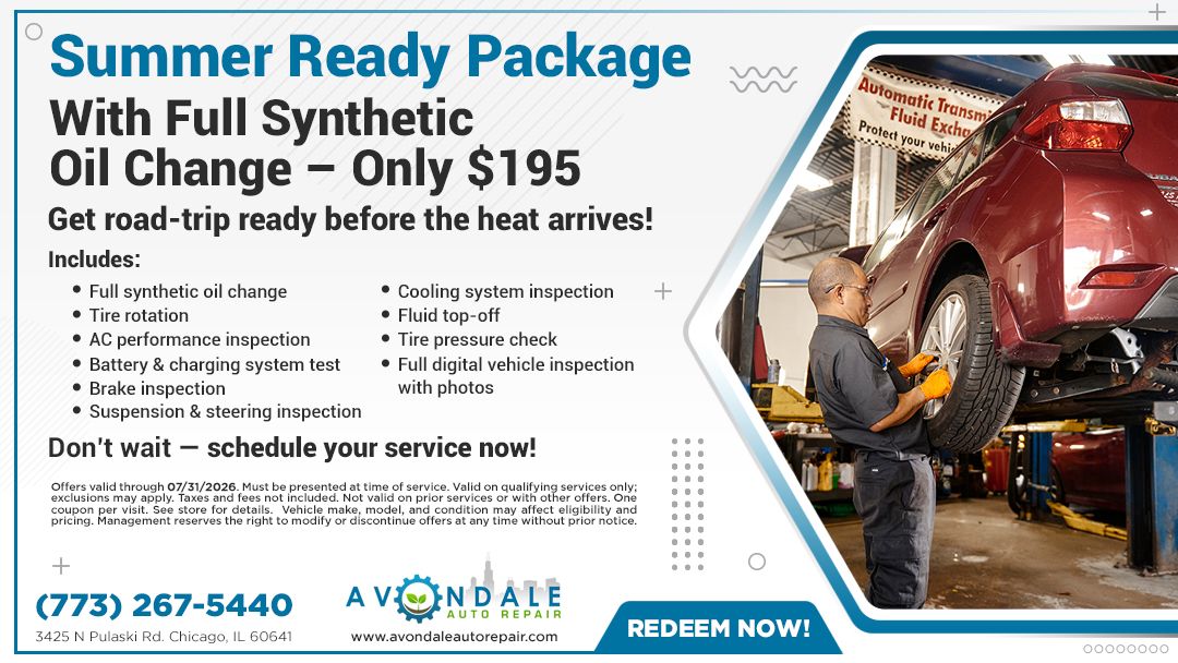 Auto service ad for a summer oil change package, $195, with a mechanic inspecting a red car in a shop