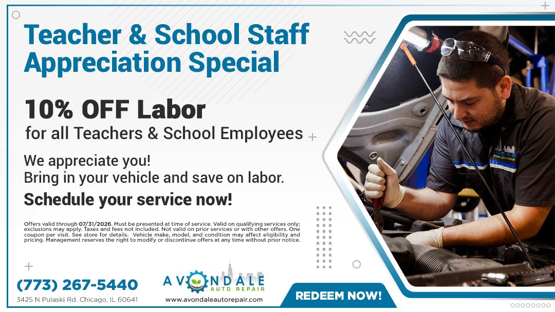 Teacher and school staff appreciation special ad with mechanic working on a car, offering 10% off labor.