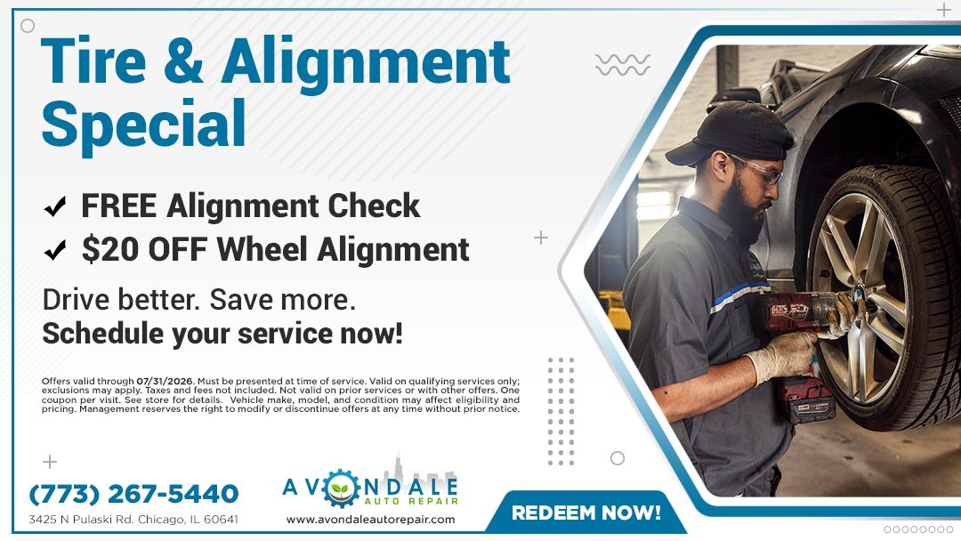 Tire & alignment special ad with mechanic checking a tire; blue and white promo with $20 off wheel alignment.