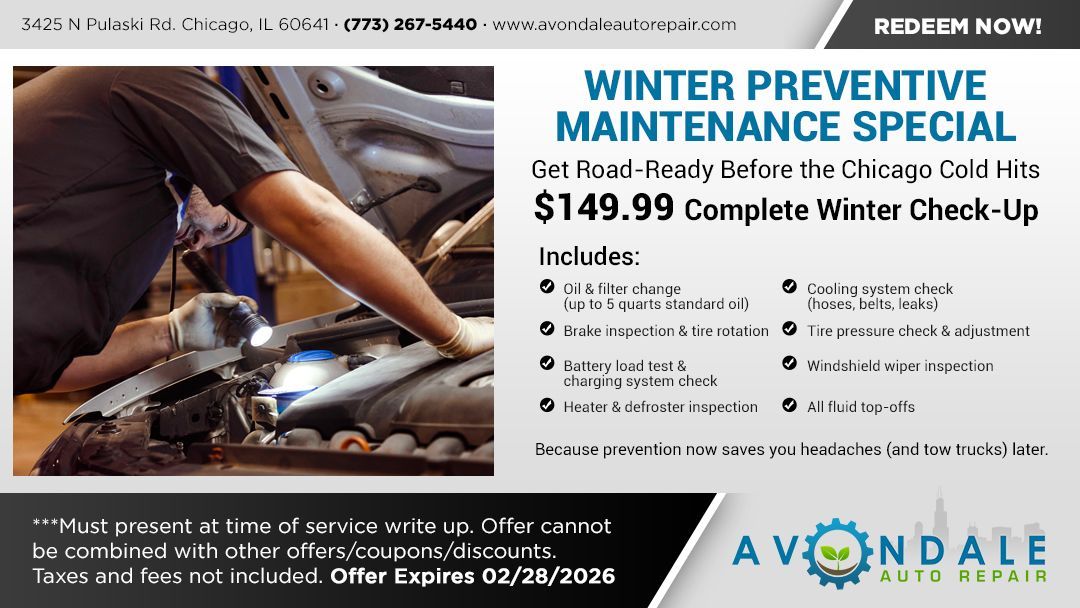 Winter Preventive Maintenance Specials Advertisement for Avondale Auto Repair: Winter maintenance check-up for $149.99, including services.