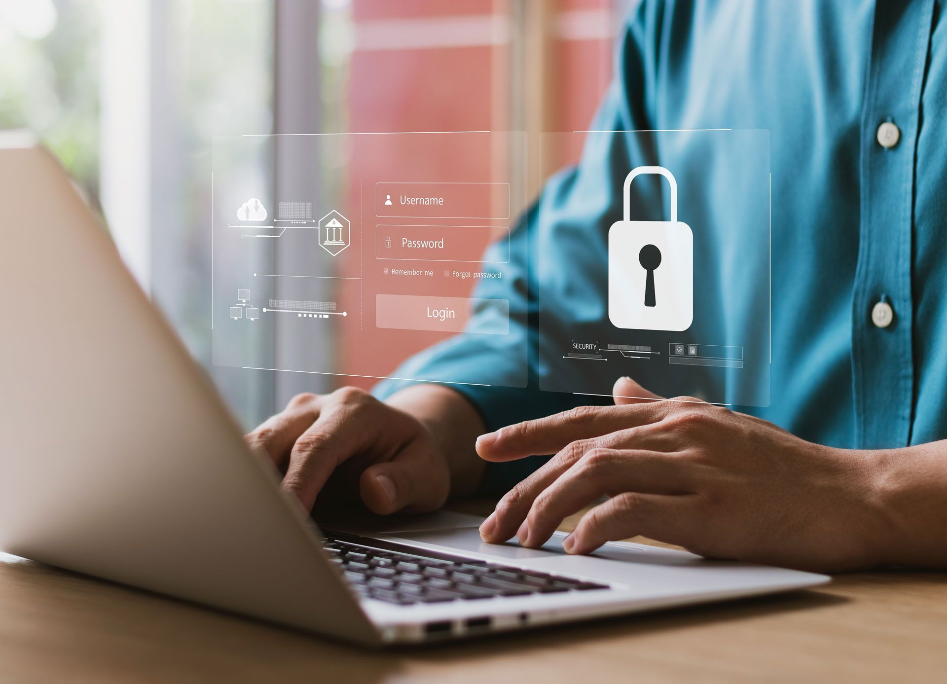 Person typing on laptop, with a digital padlock overlay indicating login security.
