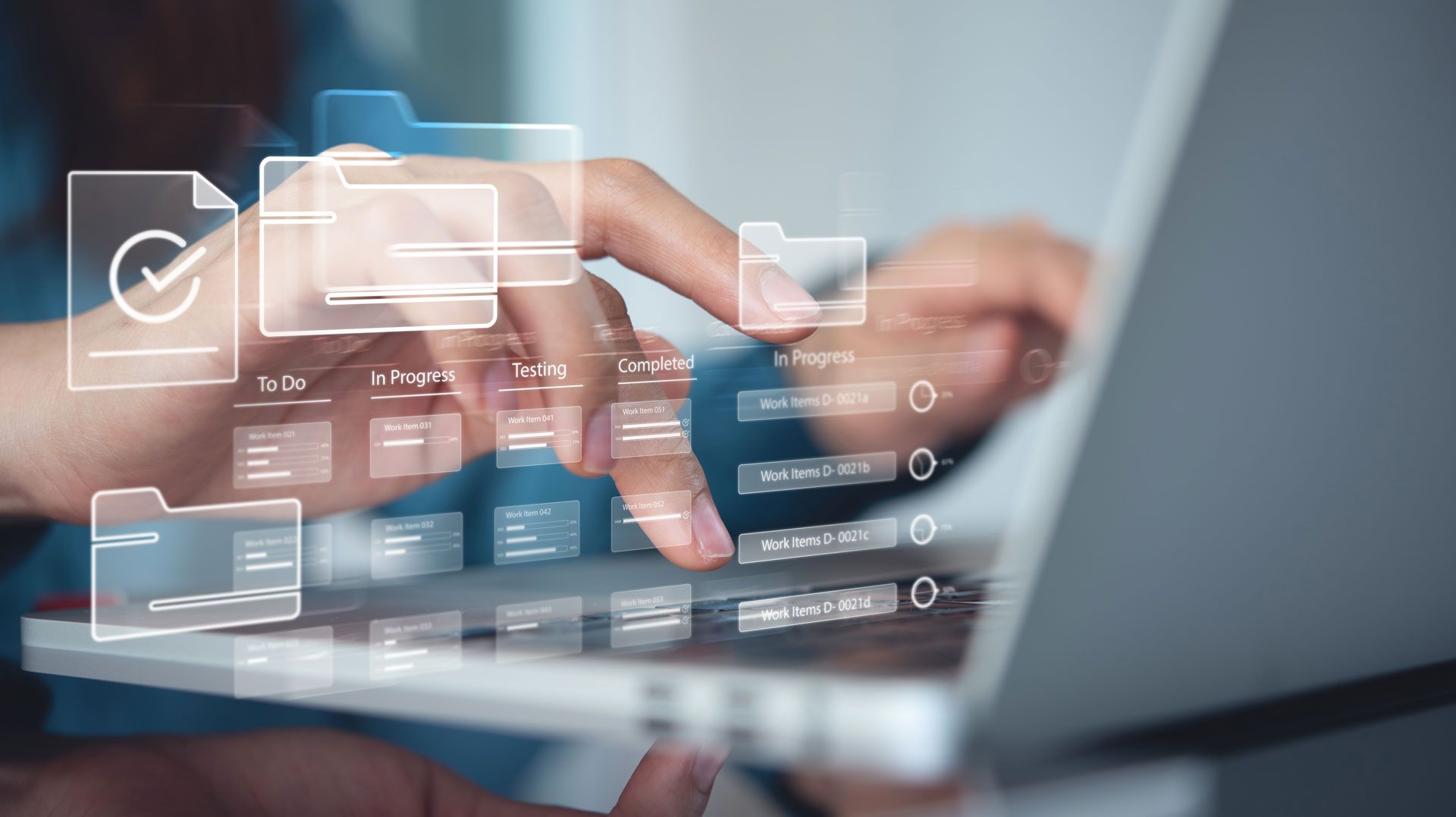 Person using a laptop, fingers interacting with an overlaid digital file system with folders and documents.