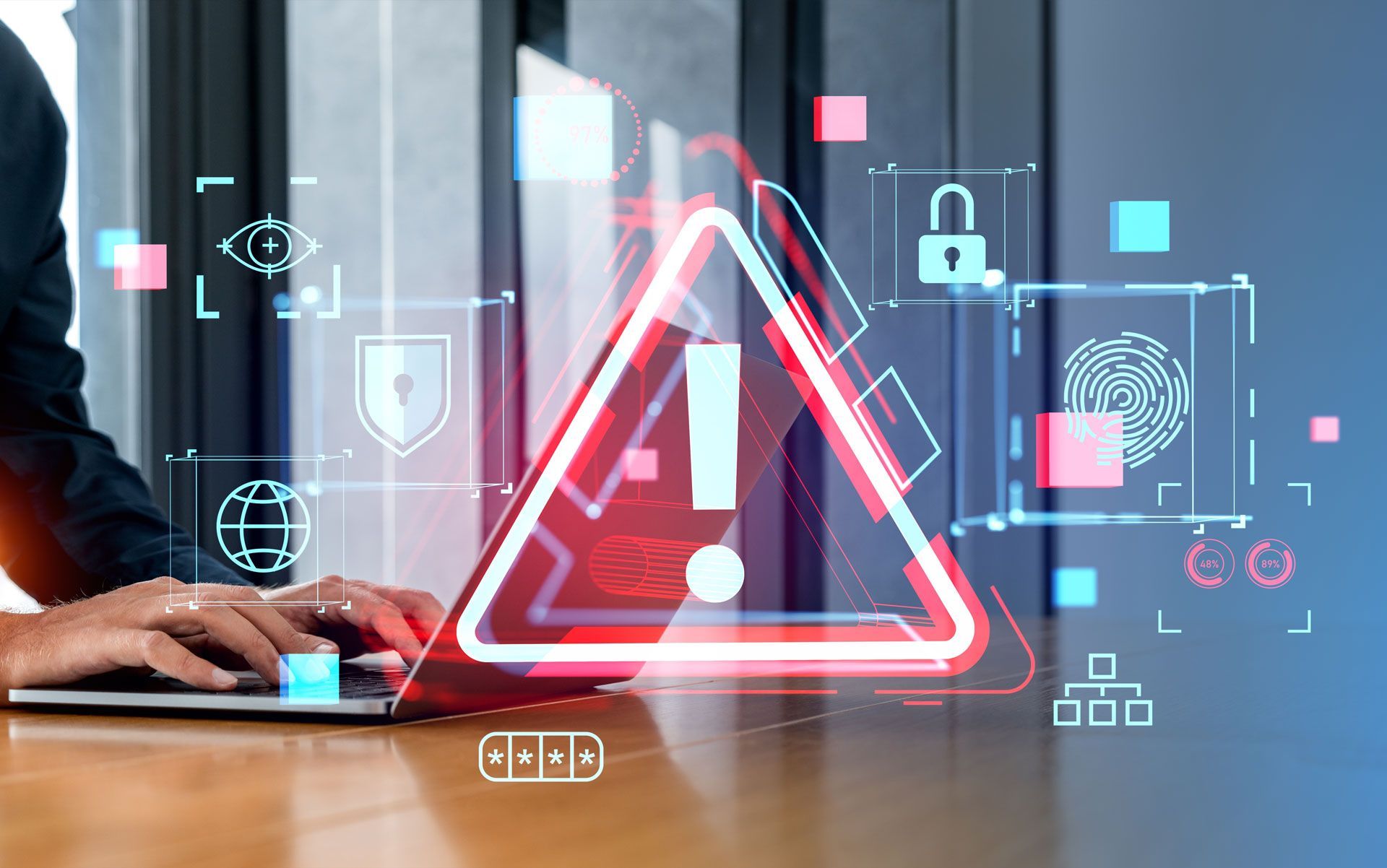 Person using laptop with digital security warning overlay.