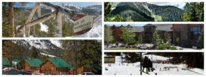 Collage: mountain scenes, cabins, sign, winter snow, lodge, green trees.