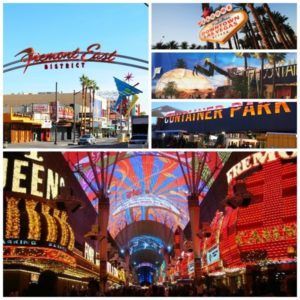 Collage of Fremont Street Experience in Las Vegas, showing signs, lights, and attractions.