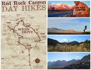 Red Rock Canyon Day Hikes map and scenic views: mountains, desert landscape, brown and red hues.