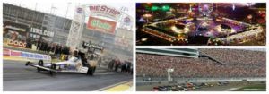 Drag racing car speeding down a track, with other images of events.
