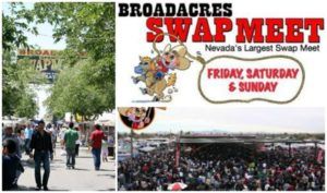 Collage: Broadacres Swap Meet, Nevada. People walking. Sign says Friday, Saturday & Sunday.