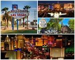 Collage of Las Vegas scenes: sign, illuminated buildings, street view, airplane, and historic buildings.