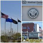 Collage: VA Medical Center. Flags fly in front of the building. VA seal and entrance sign visible.