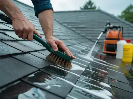 Person scrubbing a dark gray tiled roof with a brush and soapy water.  An orange power washer and chemical bottles sit nearby.