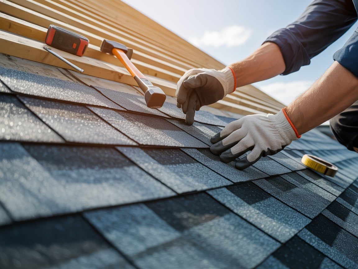 Roofer installing asphalt shingles on a roof, wearing gloves, using a hammer in sunlight.