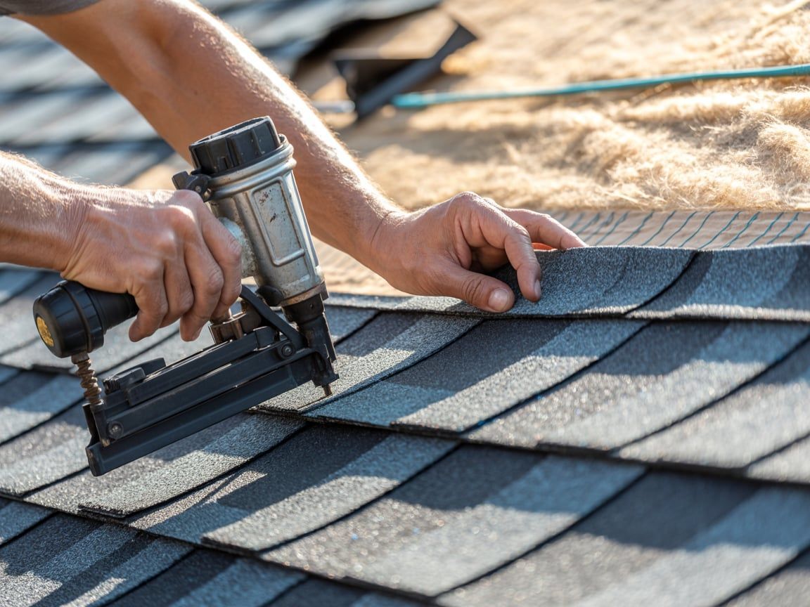 Roofer using a nail gun to install shingles on a roof; hands holding the tool, sunny outdoors.