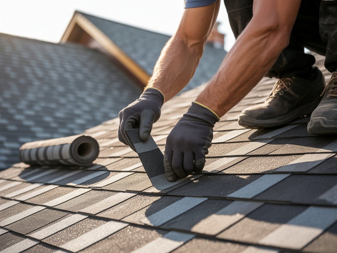 Roofer in gloves installing asphalt shingles on a roof.