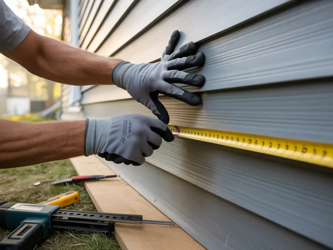 Person wearing gloves measuring gray siding with a yellow tape measure outdoors.