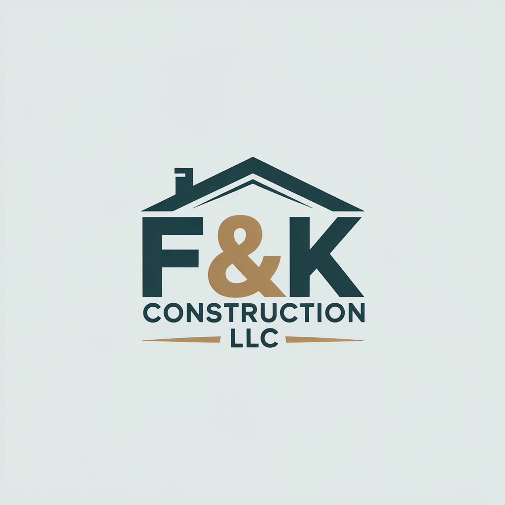 Logo for F&K Construction LLC, featuring a dark teal house roof over teal letters 