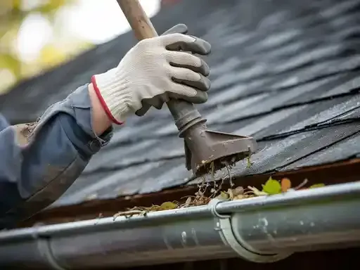 Person cleaning a rain gutter on a house, using a scraper tool.