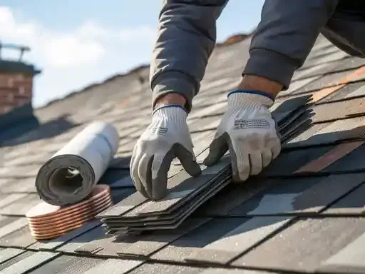 A roofer wearing gloves placing shingles on a rooftop.