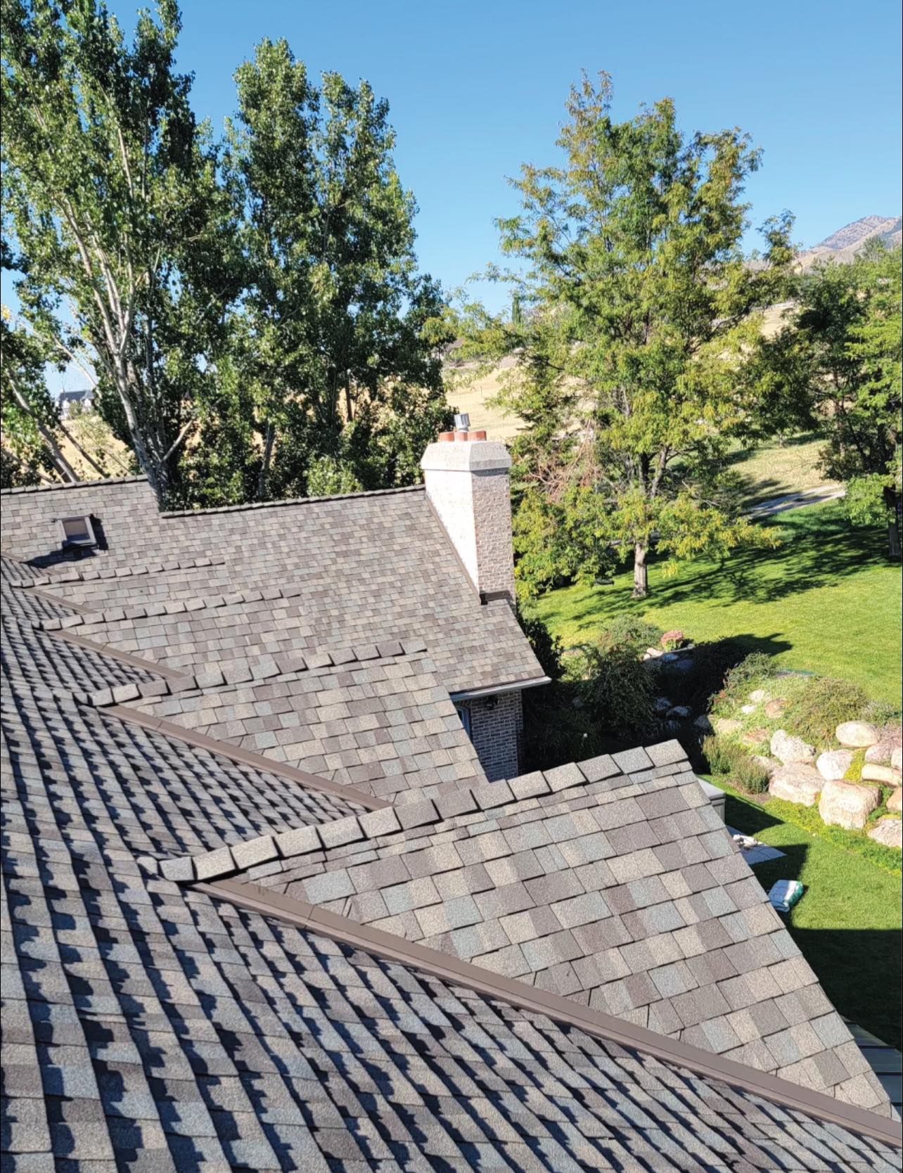 A brown shingle roof with a chimney, trees, and green lawn against a blue sky.