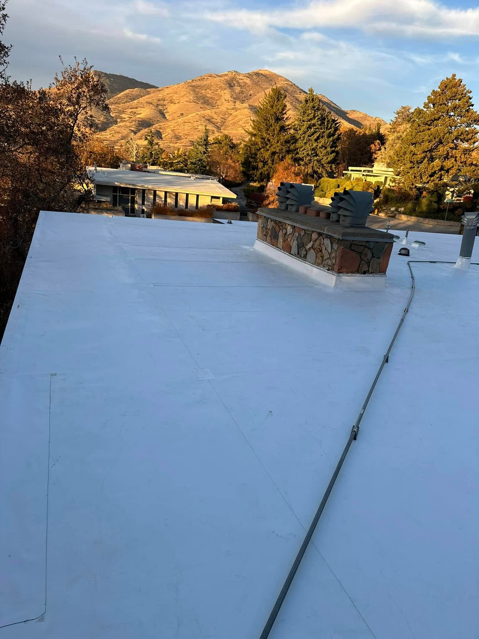 White flat roof with brick chimney, mountain backdrop, and trees.