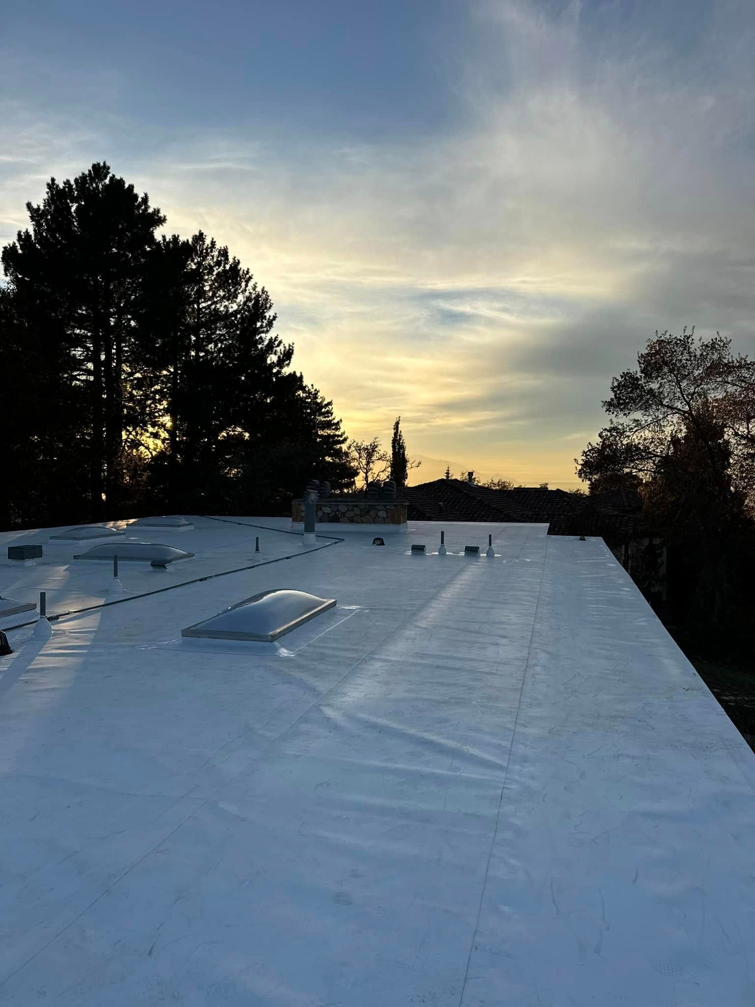 Flat white commercial roof with skylights, silhouetted trees, and a colorful sunset.