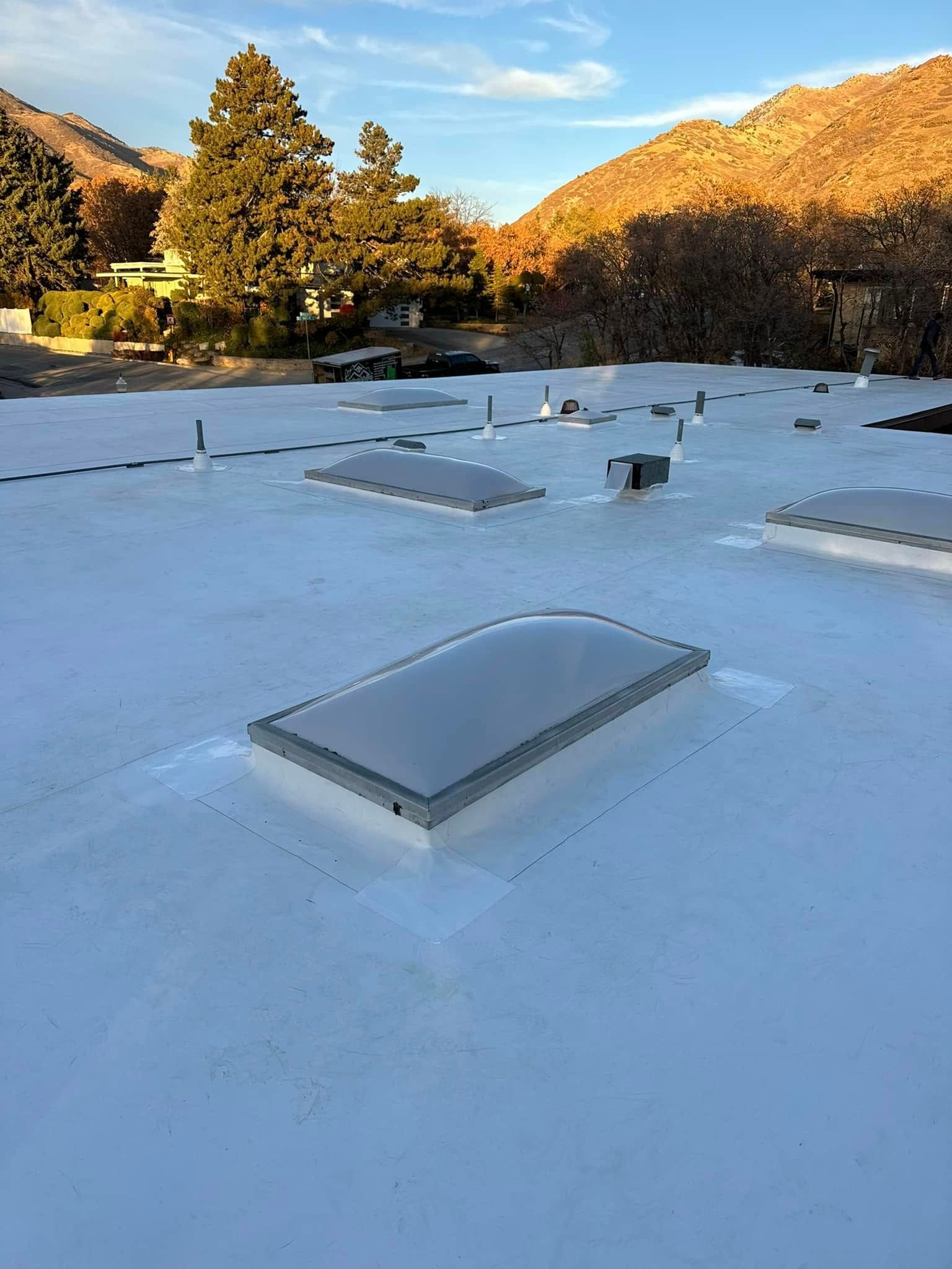 Flat white roof with skylights and mountain backdrop.