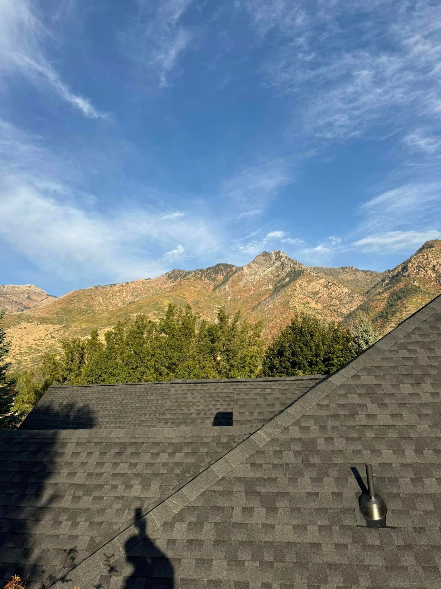 Roof with trees and a mountain range against a blue sky with wispy clouds.