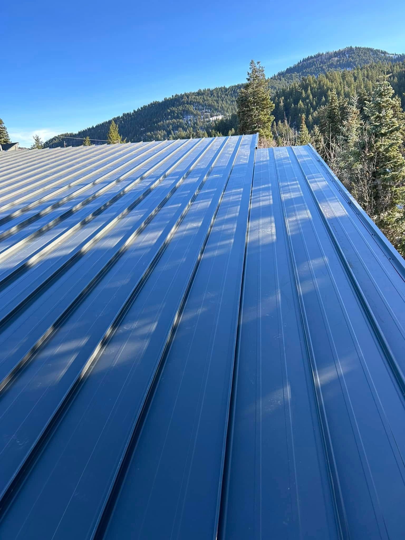 Blue metal roof with a mountain and trees in the background under a clear blue sky.
