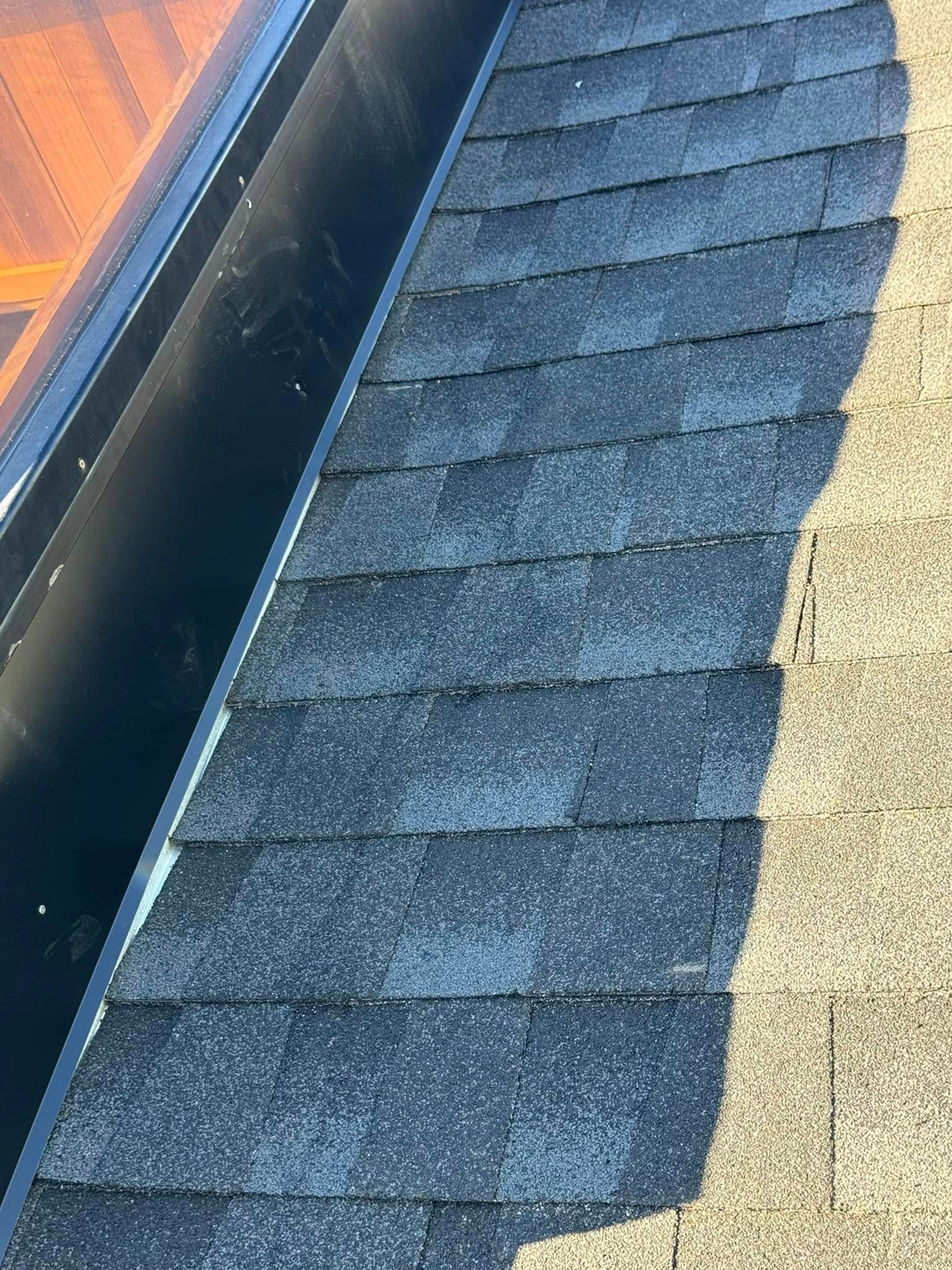 Dark gray asphalt shingles meet a black gutter and light brown shingles; sunny outdoors.