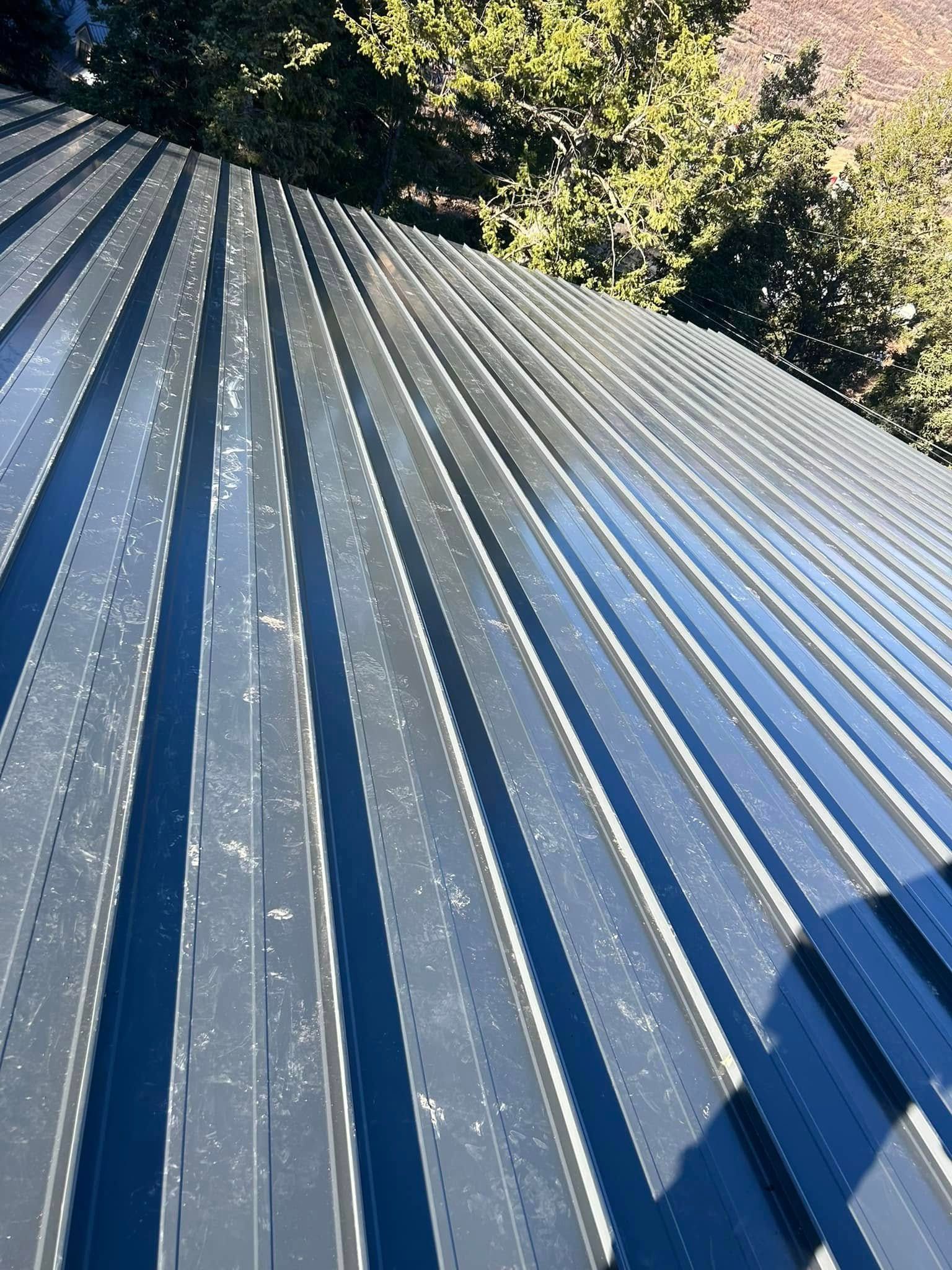 Dark gray metal roof with vertical ridges, trees in the background.
