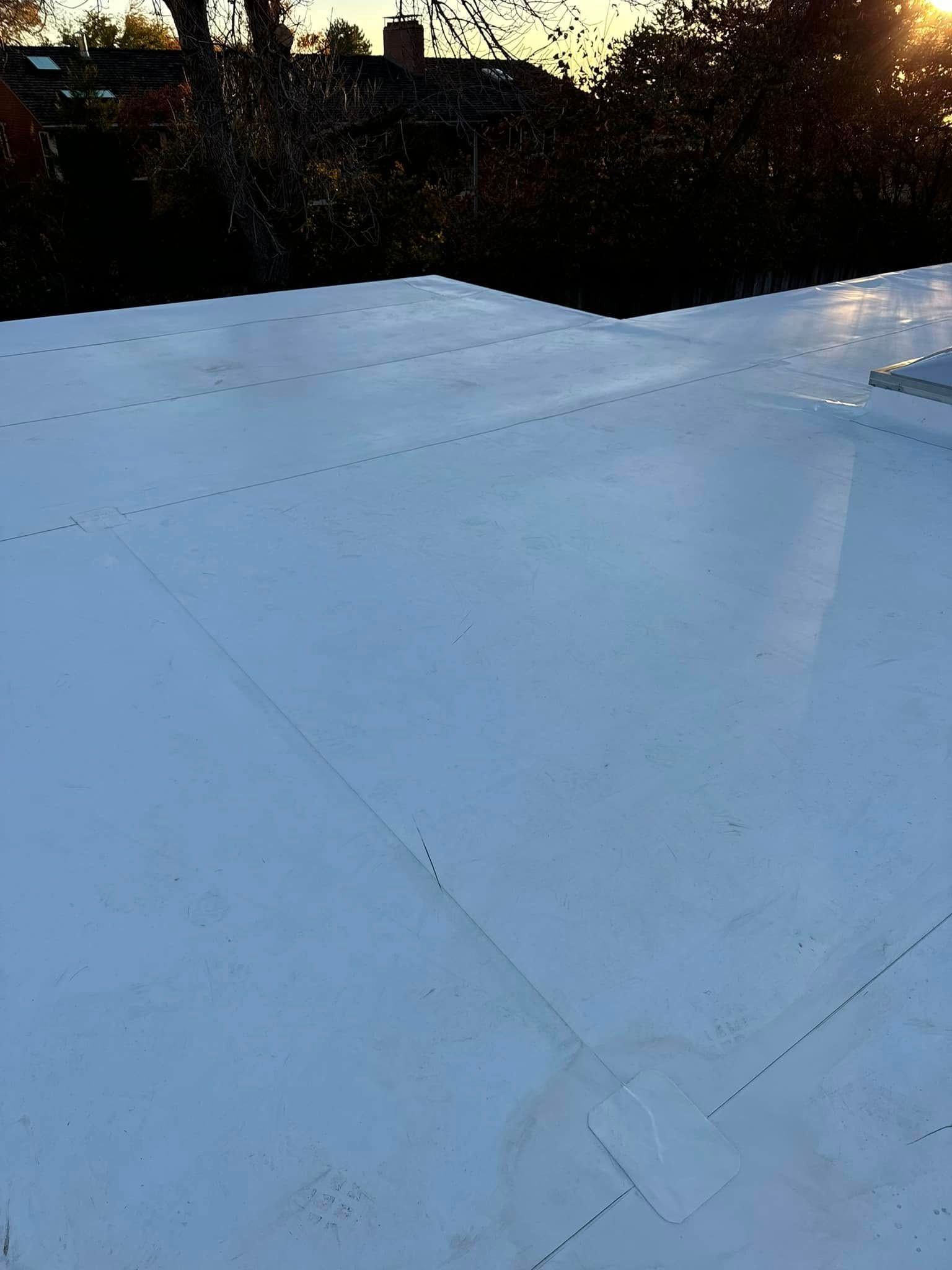 White flat roof, seams visible, with treeline and sunset in the background.