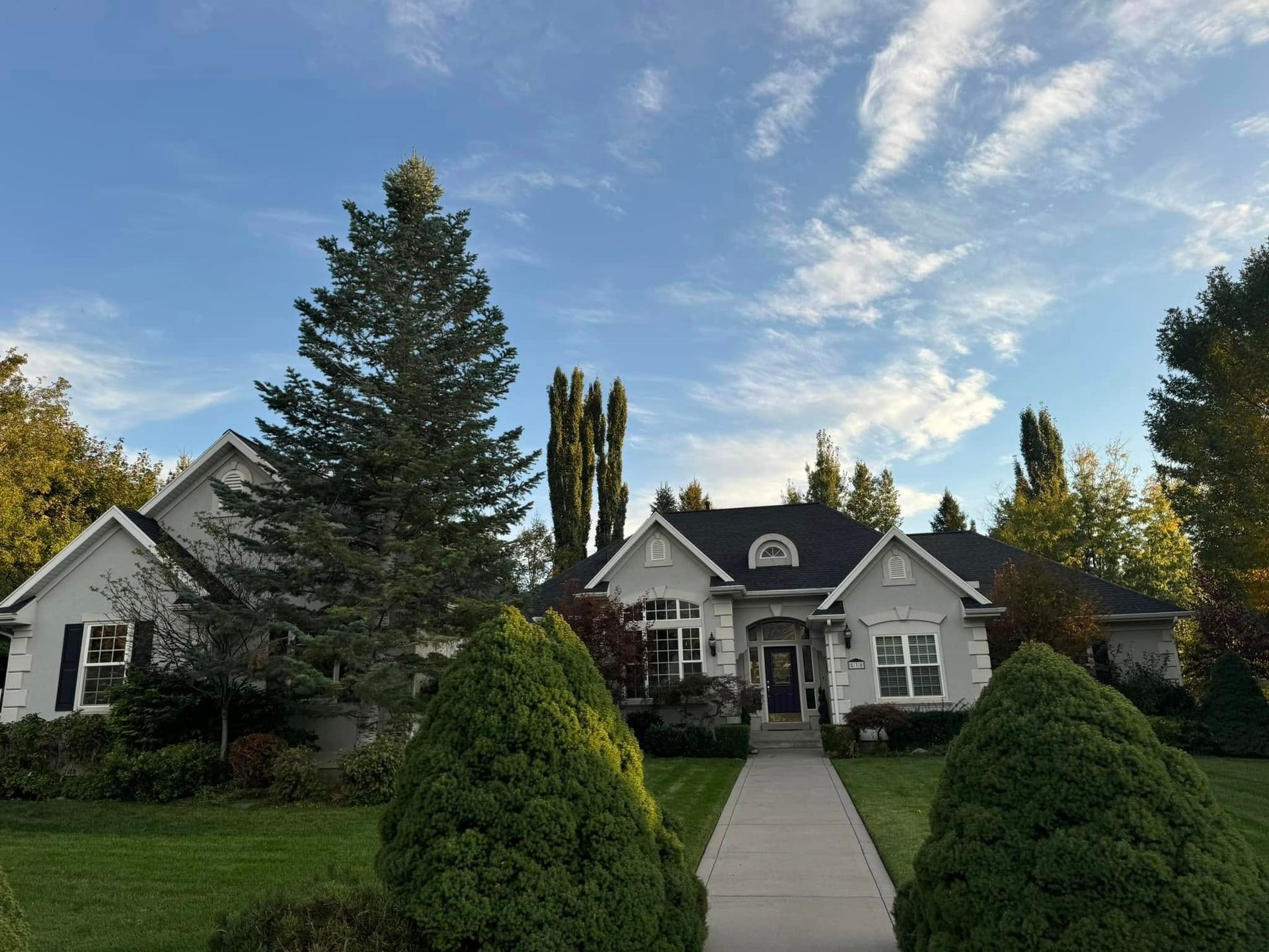 House with light-colored exterior, black roof, and a pathway leading to the front door, with trees and blue sky.