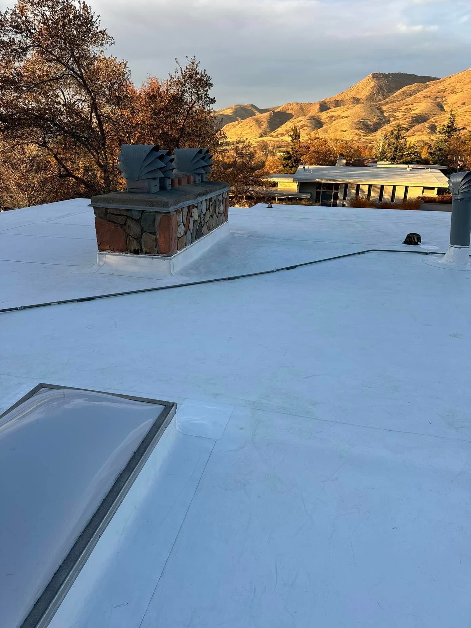 White flat roof with chimney, skylight, and mountain view in background.