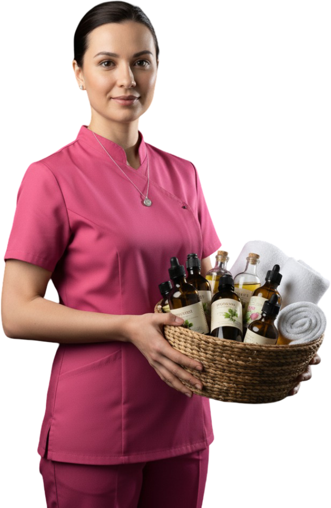 Woman in pink scrubs holds basket of essential oils and towels.