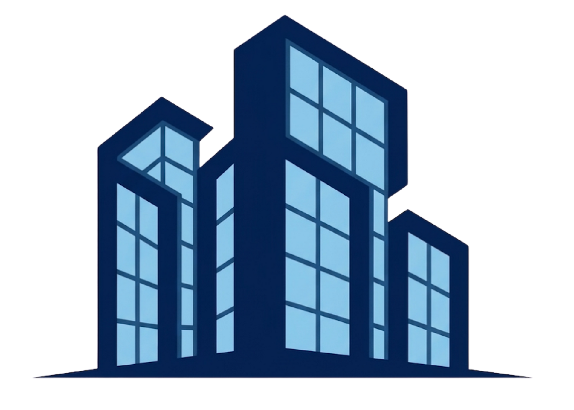A minimalist graphic icon of three stylized modern skyscrapers in shades of dark blue and light blue.