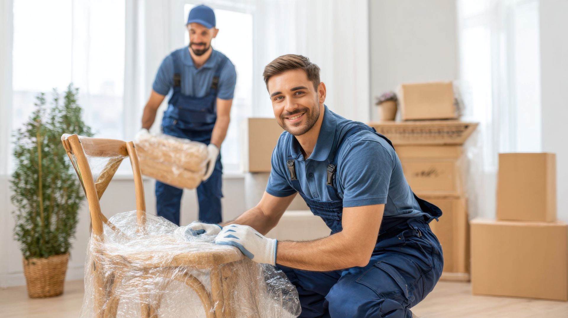 Movers packing furniture in a bright room. Movers packing furniture in a bright room.