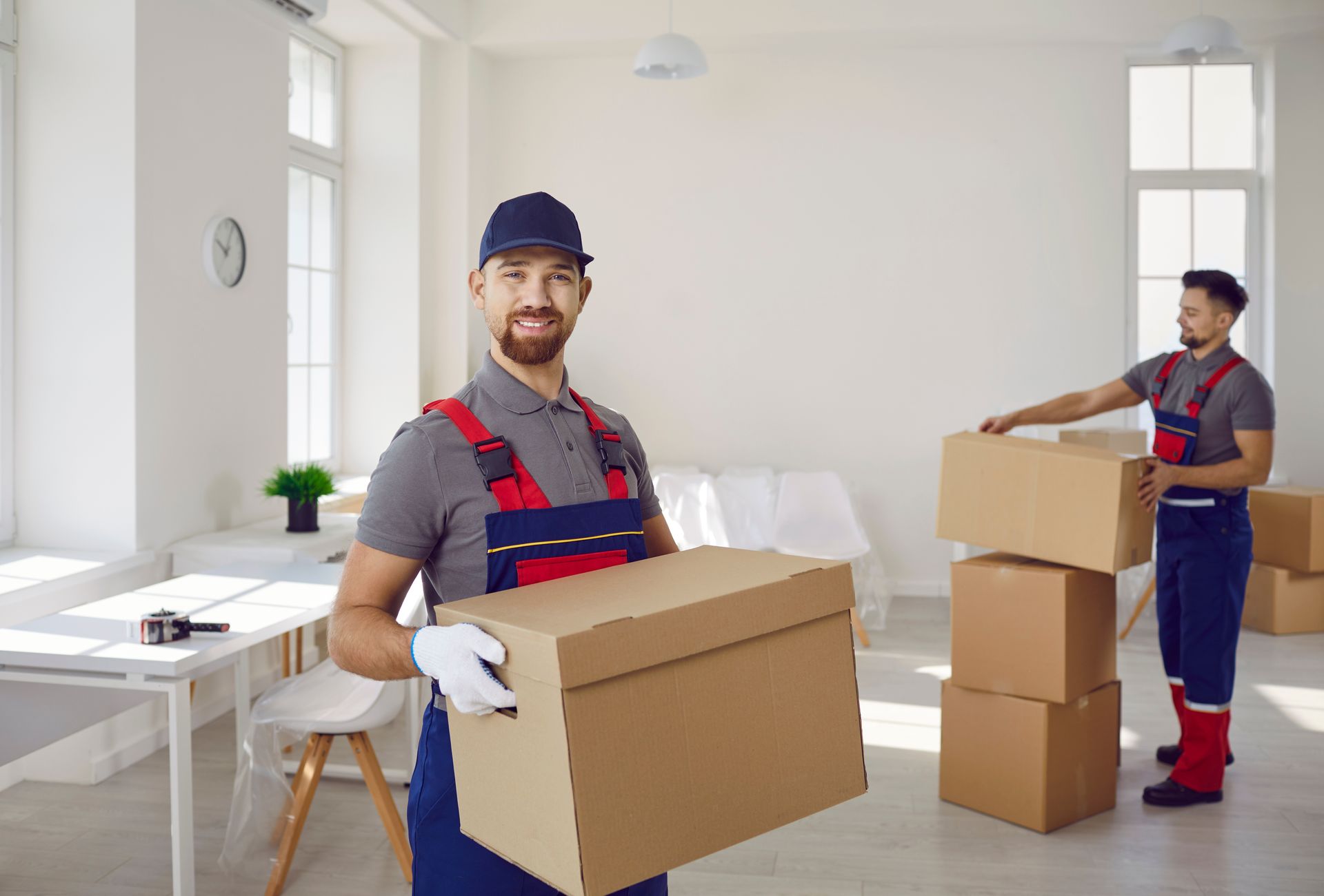 Two men in overalls and aprons packing movers' boxes for a relocation.