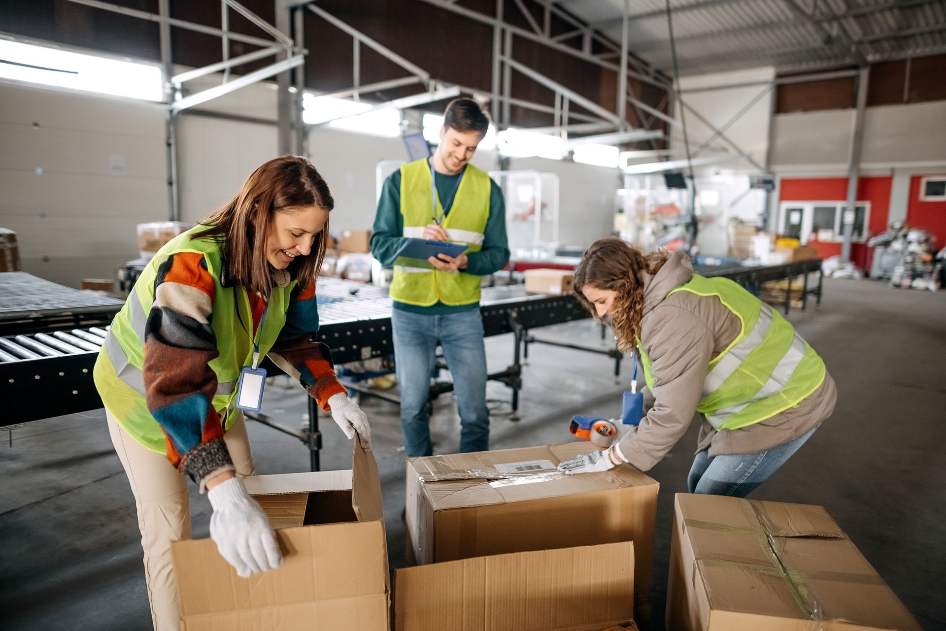 Workers staff moving and arrange boxes.