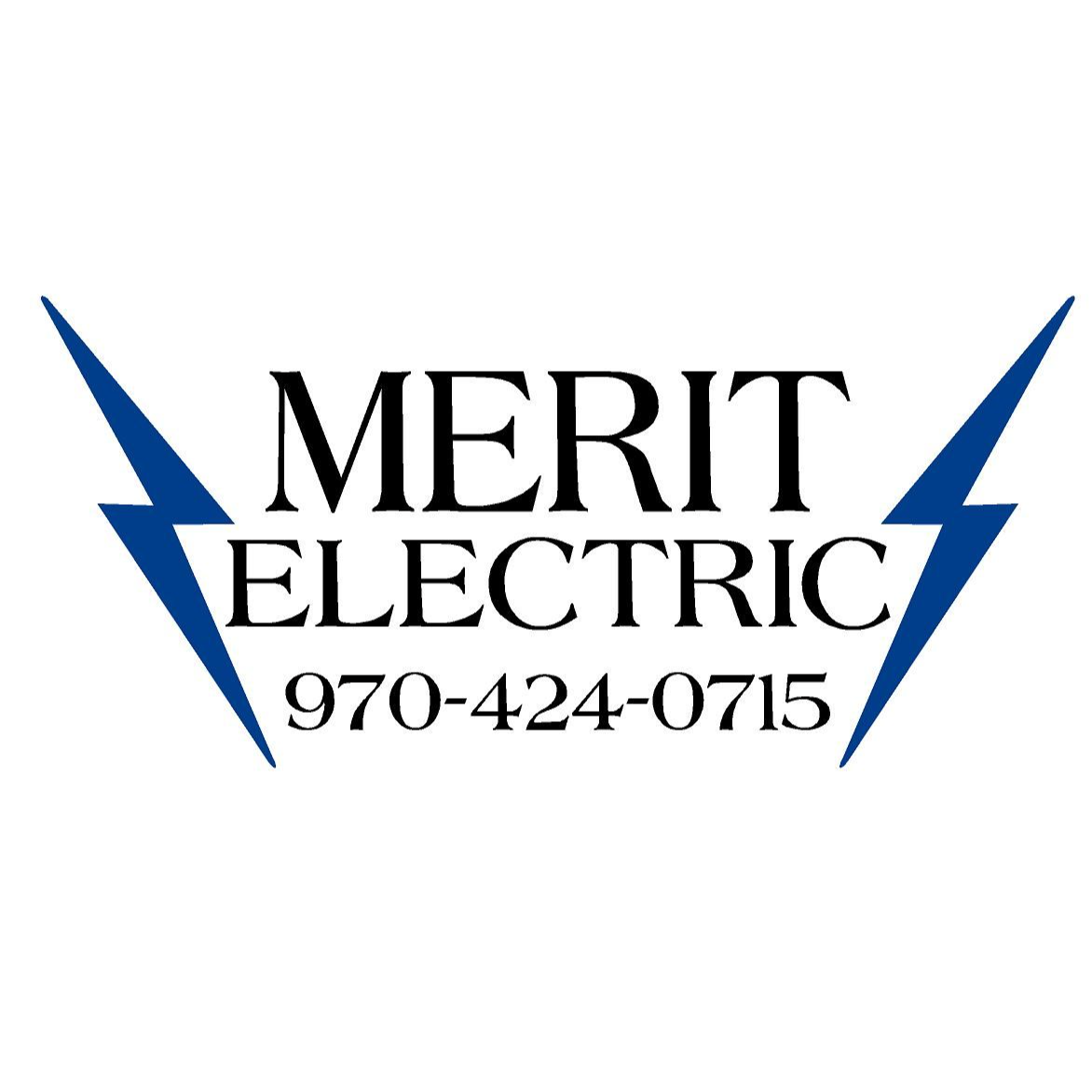 A logo for merit electric with a lightning bolt and a phone number