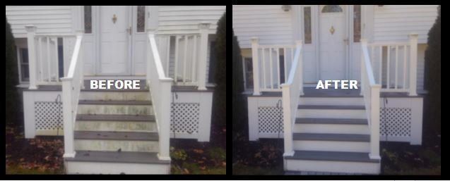 Before-and-after comparison of wooden porch stairs, showing them dirty and discolored, then cleaned and freshly painted.