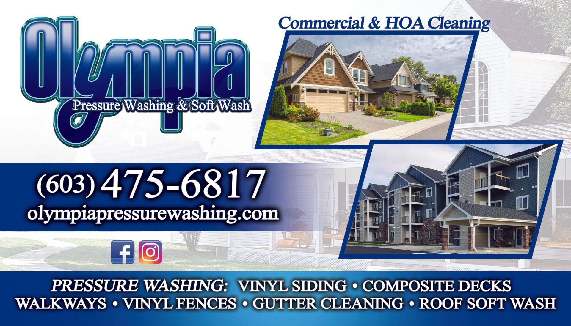 Business card for Olympia Pressure Washing & Soft Wash with phone number (603) 475-6817 and service list.