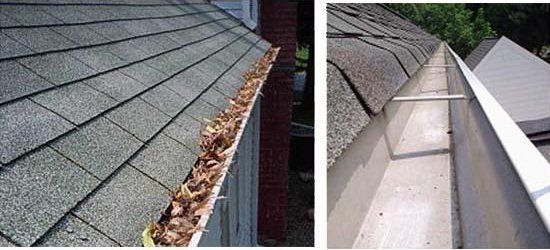 Split view of a residential roof gutter: one side is filled with debris, the other side is cleaned and empty.