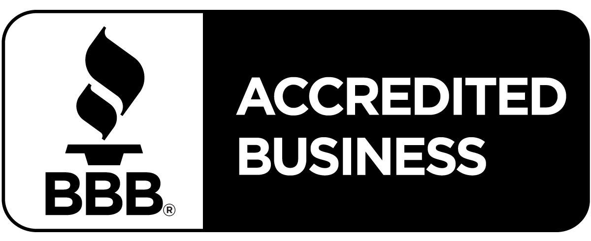 a black and white logo for an accredited business with a flame .