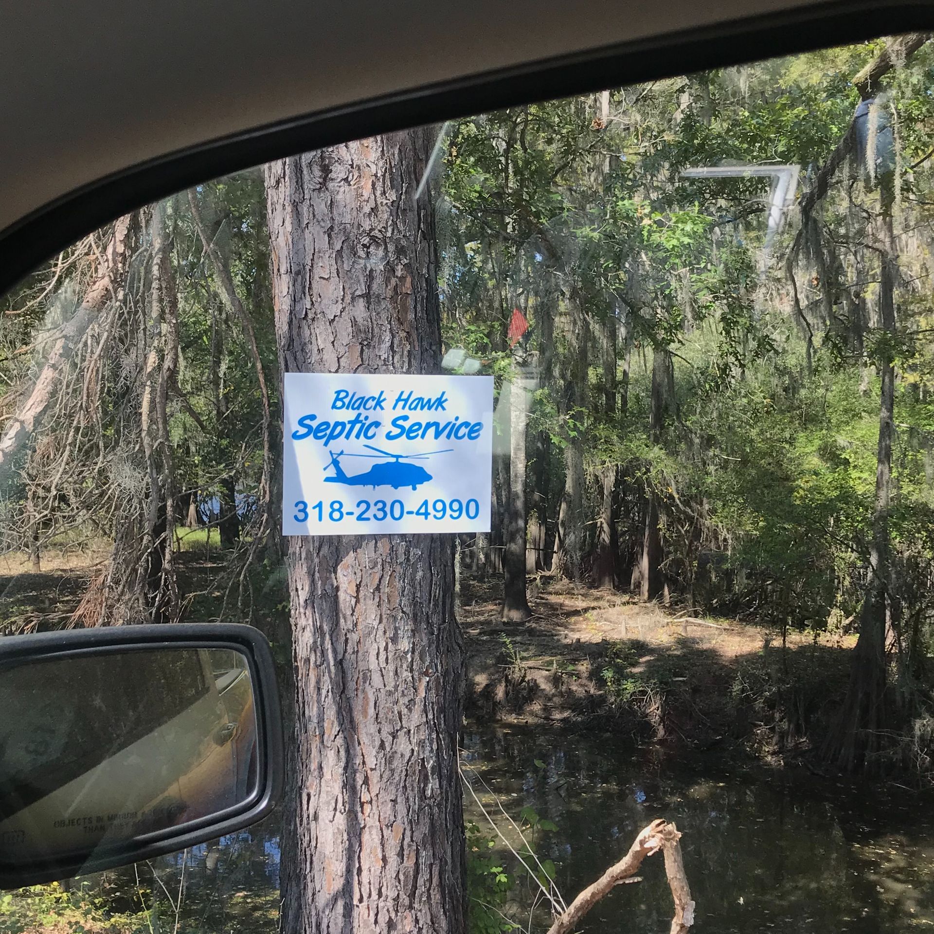Black Hawk Septic Service sign on a tree, phone number (318-230-4990), green trees, view from a vehicle.