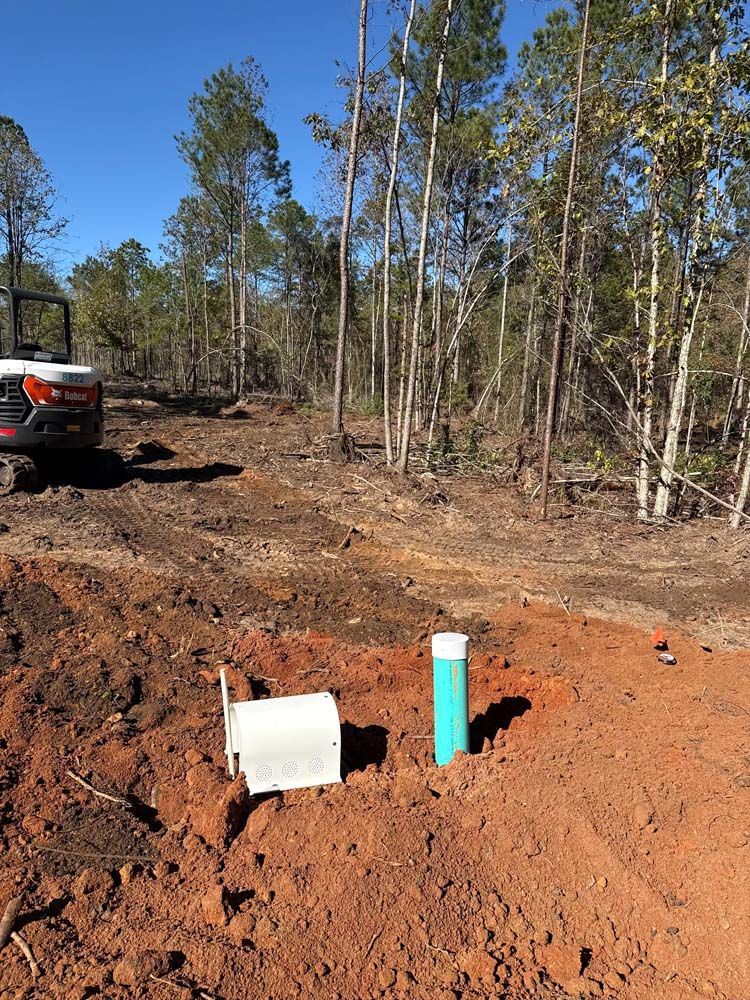 Dirt field with small tractor and two utilities sticking out of the ground: white box and green pipe. Forest in the background.