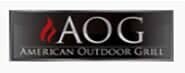 Logo for American Outdoor Grill, black background with flame and silver lettering AOG.