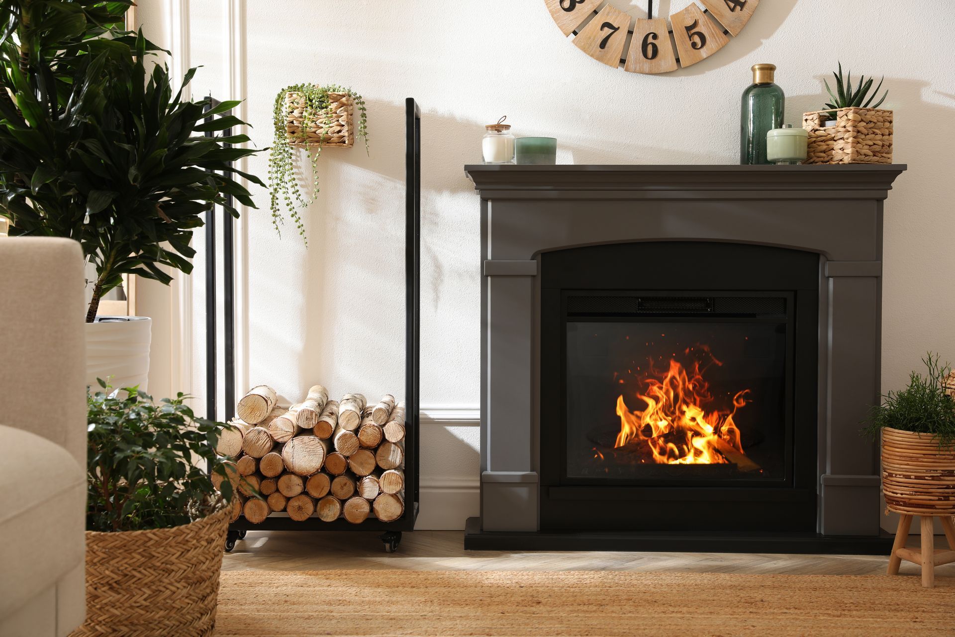 A modern fireplace with a bright flame warms a cozy room decorated with plants and wood logs.