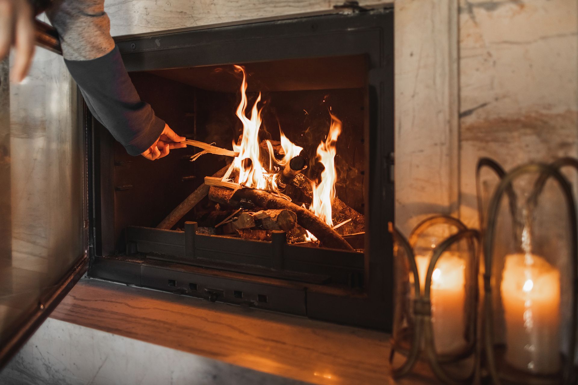 A fireplace with a burning fire.