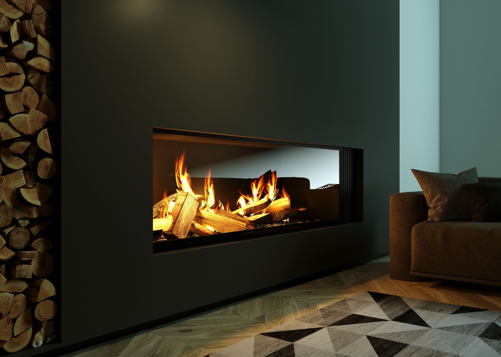 Living room with a beautiful fireplace 