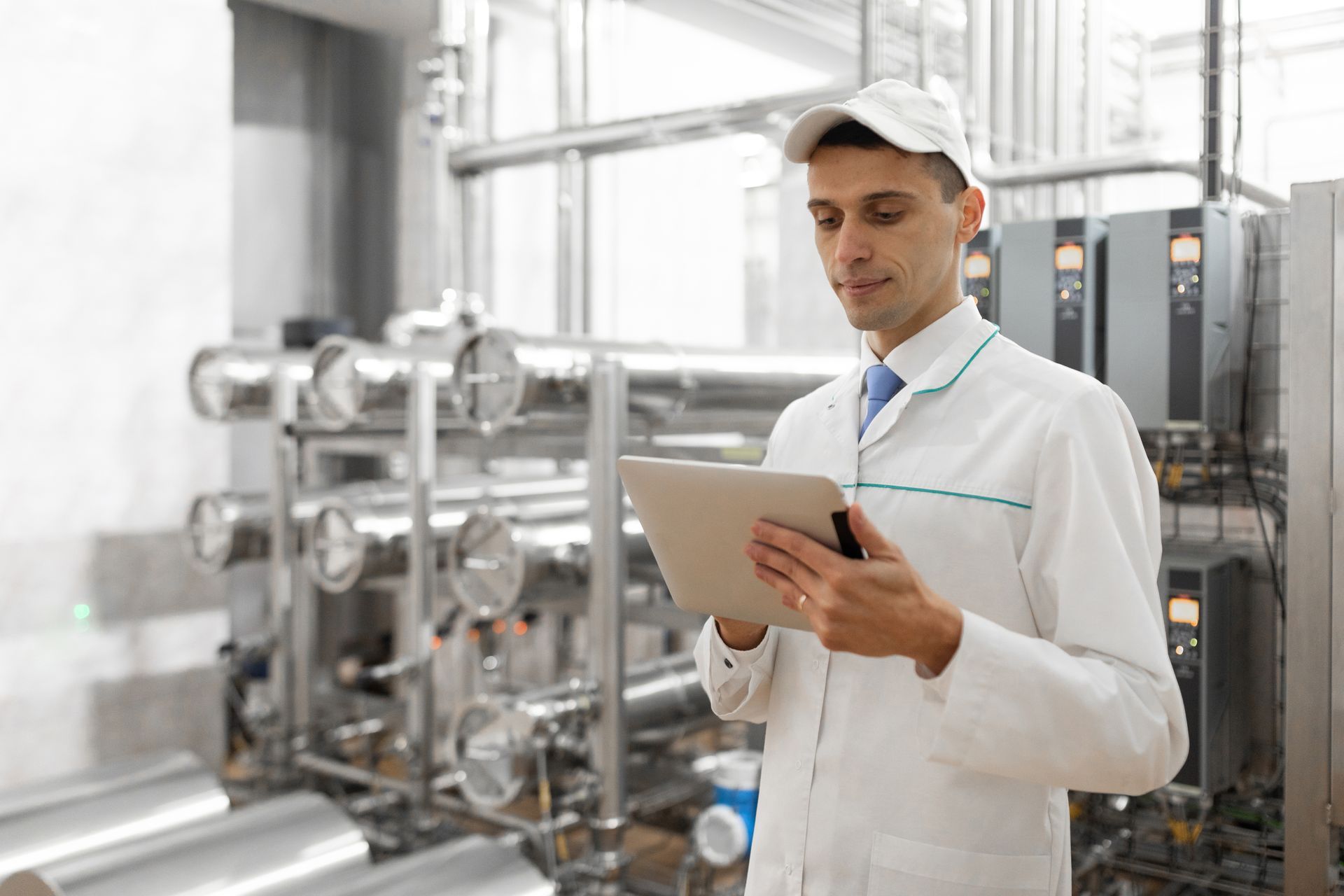 A person in a white lab coat and cap checks a tablet while standing in front of industrial stainless steel equipment.